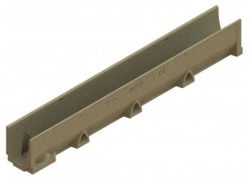 Render del conjunto de canal SELF 100 L1000 H145 en hormigon polímero con premarca para salida vertical DN/OD 110 sin reja