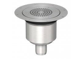 Render do sumidouro EG150 TELESCOPICO, fabricado em aço inoxidável AISI304, de dimensões Ø225 H196 com aro para fixação mecânica de tela, saída vertical DN50, com sifão, com grelha perfurada com fixação classe de carga K3.
