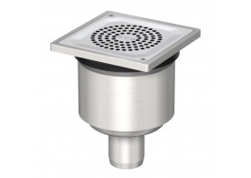 Render do sumidouro EG150 TELESCOPICO, fabricado em aço inoxidável AISI304, de dimensões L150 A150 H190, saída vertical DN50, com sifão, com grelha perfurada com fixação classe de carga K3.