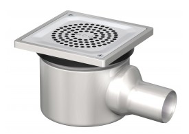 Render do sumidouro EG150 TELESCOPICO, fabricado em aço inoxidável AISI304, de dimensões L150 A150 H120, saída horizontal DN50, com sifão, com grelha perfurada com fixação classe de carga K3.