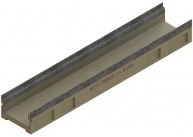 Render del canal MULTIDRAIN 150 BA L1000 H120 de hormigón polímero sin reja, sistema de fijación Drainlock y premarca rompible vertical DN/OD 110