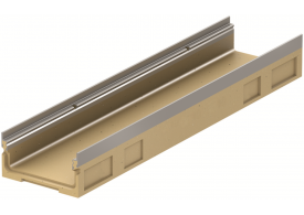 Render del canal MULTIDRAIN 200 BA L1000 H120 de hormigón polímero sin reja, sistema de fijación Drainlock y premarca rompible vertical DN/OD 160
