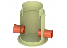 Render da caixa para amostragem com conexão Ø160 e gradiente de 75mm, realizada em plástico com reforço de fibra de vidro (GRP). De dimensões Ø728 H755.