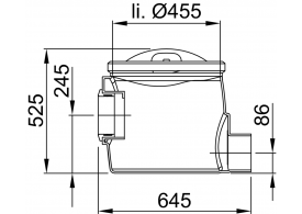 Esquema técnico do câmara para recolha de amostras com ligação DN150 e saida horizontal, realizado em polietileno de alta denisdade (HDPE). De dimensões Ø455 H525.
