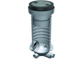Render de la arqueta para toma de muestras con conexión Ø110 y gradiente de 153mm, fabricado en polietileno de alta densidad (HDPE). De dimensiones Ø630 H1186, con tapa de Ø430 clase de carga B125.