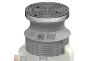 Render del la tapa ajustable para separador de hidrocarburos. Incluye 1 tapa de fundición Ø600 B125 con pintura bituminosa negra y realce de polipropileno de alta densidad (HDPE) gris de Ø836 H675.