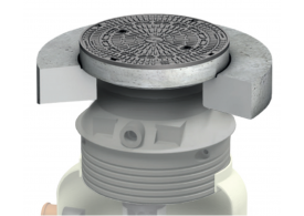 Render da tampa ajustável para separador de hidrocarbonetos. Inclui 1 tampa em fundição Ø600 D400 com pintura bituminosa preta e realce em polipropileno de alta densidade (HDPE) cinza de Ø836 H675 com placa de distribução.