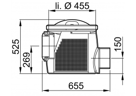 Esquema técnico do filtro de linha com ligação DN200 e saida horizontal, realizado em polietileno de alta denisdade (HDPE). De dimensões Ø455 H525 com cesto em aço inoxidável AISI316.