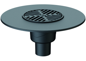 Render do sumidouro ACO PARKDRAIN, realizado em ferro fundido. Grelha de Ø200 mm, altura total exterior de 205 mm, saída vertical DN70 com marco primetral de Ø415 para classe de carga M125 ref.59321002