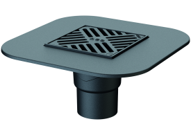 Render do sumidouro ACO PARKDRAIN, realizado em ferro fundido. Grelha de 200x200 mm, altura total exterior de 205 mm, saída vertical DN100 com marco primetral de 415X415 mm para classe de carga M125 ref.59351002