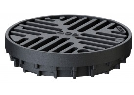 Render da Grelha para sumidouro tipo ACO GRAVITY DN125-150, fabricada em ferro fundido, com un marco perimetral de Ø200mm y 44 mm de altura. Grelha tipo slot com largura visível de ø186 mm e ranhuras de 10,  para classe de carga M125