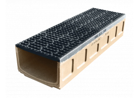Render del canal MULTIDRAIN 300 L1000 H210 de hormigón polímero, con reja tipo pasarela de fundición D400, con sistema de fijación Drainlock y premarca para salida vertical DN/OD 200
