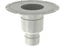 Render do corpo de ralo industrial EG TELESCOPICO, fabricado em acero inoxidável AISI304, de dimensões Ø358 H261 fundo Ø157, com aro para impermeabilização líquida, saída vertical DN75, com sifão e cesto.