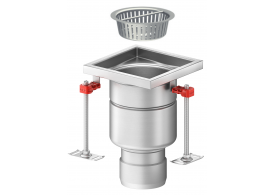 Render em formato .jpg do conjunto ralo higiênico ACO EG 200x200 quadrado em aço inoxidável AISI304 com enchimento da flange de PUR, fundo Ø157 com saída vertical DN110. Incluí cesto. Caudal: 3,5l/s.