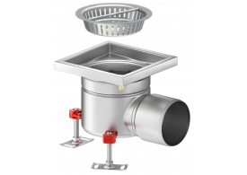 Render em formato .jpg do conjunto ralo higiênico ACO EG 200x200 quadrado em aço inoxidável AISI304 com enchimento da flange de PUR, fundo Ø157 com saída horizontal DN110. Incluí cesto. Caudal: 3,5l/s.