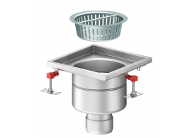 Render en formato .png del conjunto sumidero higiénico ACO EG 300x300 cuadrado en acero inoxidable AISI304 con relleno del ala de PUR, fondo Ø218 con salida vertical DN110. Incluye cestillo. Caudal: 5,5l/s.