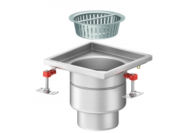 Render em formato .png do conjunto ralo higiênico ACO EG 300x300 quadrado em aço inoxidável AISI304 com enchimento da flange de PUR, fundo Ø218 com saída vertical DN160. Incluí cesto. Caudal: 5,5l/s.