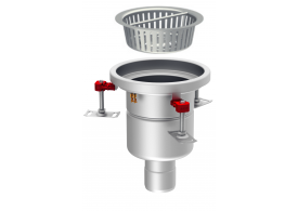 Render em formato .jpg do conjunto ralo higiênico ACO EG Ø230 redondo em aço inoxidável AISI304 com enchimento da flange de PUR, fundo Ø157 com saída vertical DN75. Incluí cesto. Caudal: 2,7l/s.