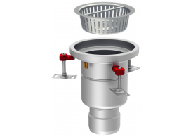 Render em formato .jpg do conjunto ralo higiênico ACO EG Ø230 redondo em aço inoxidável AISI304 com enchimento da flange de PUR, fundo Ø157 com saída vertical DN110. Incluí cesto. Caudal: 3,5l/s.