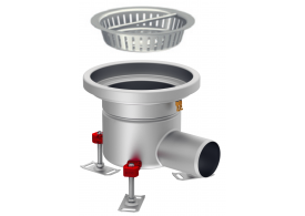 Render em formato .png do conjunto ralo higiênico ACO EG Ø230 redondo em aço inoxidável AISI304 com enchimento da flange de PUR, fundo Ø157 com saída horizontal DN75. Incluí cesto. Caudal: 2,6l/s.