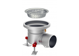 Render em formato .png do conjunto ralo higiênico ACO EG Ø230 redondo em aço inoxidável AISI304 com enchimento da flange de PUR, fundo Ø157 com saída horizontal DN110. Incluí cesto. Caudal: 2,8l/s.