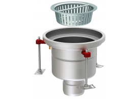 Render em formato .png do conjunto ralo higiênico ACO EG Ø300 redondo em aço inoxidável AISI304 com enchimento da flange de PUR, fundo Ø218 com saída vertical DN110. Incluí cesto. Caudal: 5l/s.