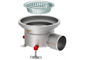 Render en formato .png del conjunto sumidero higiénico ACO EG Ø300 redondo en acero inoxidable AISI304 con relleno del ala de PUR, fondo Ø218 con salida horizontal DN110. Incluye cestillo. Caudal: 4,4l/s.
