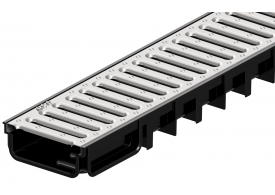 Render conjunto canal Easyline 100 HDPE negro H50 L1000mm com grelha passarela A15 aço