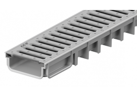 Render conjunto canal Easyline 100 HDPE cinza H50 L1000mm com grelha passarela A15 HDPE