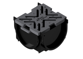 Render da esquina para o canal MUFLE 4ALL 100 em polietileno de alta densidade (HDPE) negro, de L145 A120 H92, com grelha passarela em fundição classe de carga B125.