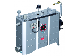 Render del separador de grasas aéreo LIPUJET-S-OA de acero inoxidable AISI316, ovalado, extensión con tubo de succión y limpieza automático (A).