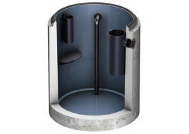 Render do separador de gorduras enterrado LIPUMAX-C-D FST em betão armado, com revestimento interno de resina, extensão com tubo de sucção (D).