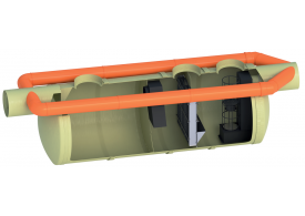 Render del separador de hidrocarburos enterrado OLEOPASS-G-H de plástico reforzado con fibra de vidrio (GRP), con bypass externo.