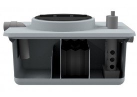 Render do separador de hidrocarbonetos com desarenador pequenho, coalescente, vedante em formato rectangular, modelo SHDGCO.