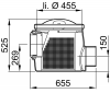 Esquema técnico do filtro de linha com ligação DN200 e saida horizontal, realizado em polietileno de alta denisdade (HDPE). De dimensões Ø455 H525 com cesto em aço inoxidável AISI316.